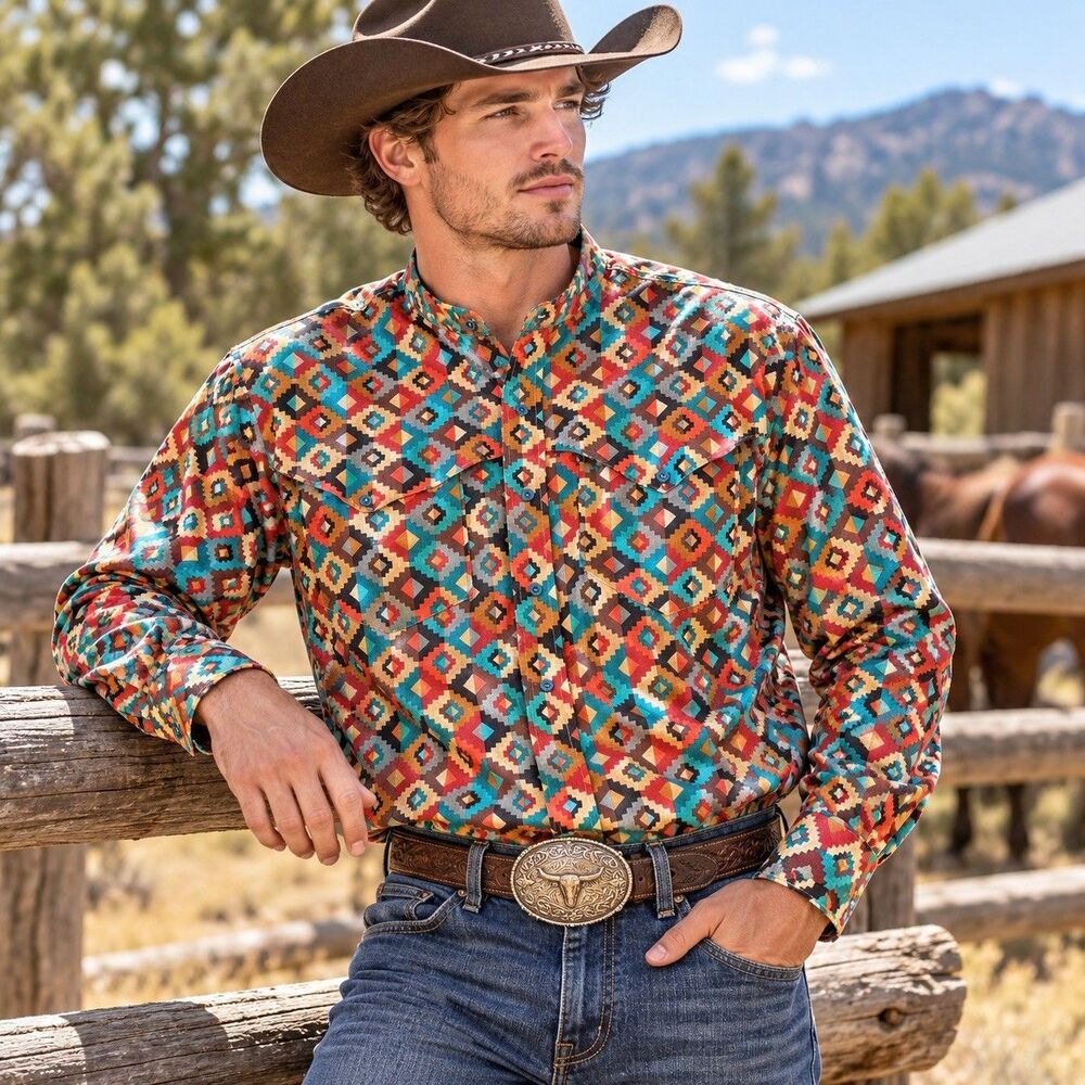 Vintage ROPER Mens Sz Large Cowboy Button Down 90s No Collar Aztec Native USA